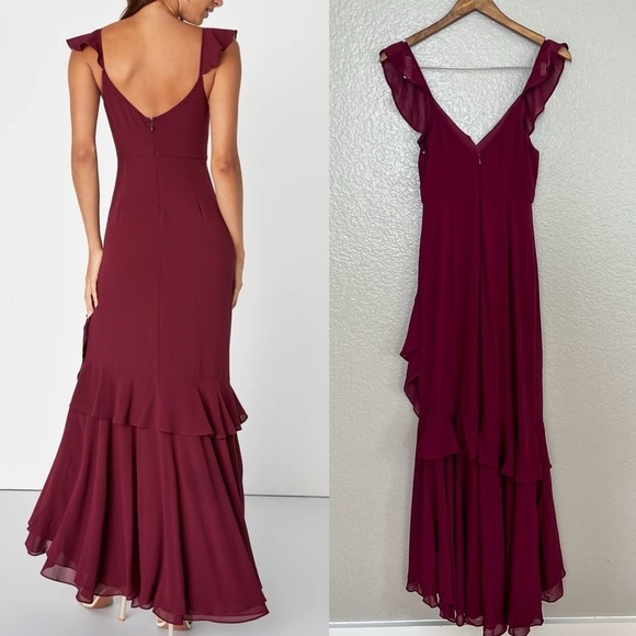NWOT Charming Event Burgundy Asymmetrical Ruffled Maxi Dress - Picture 3 of 8